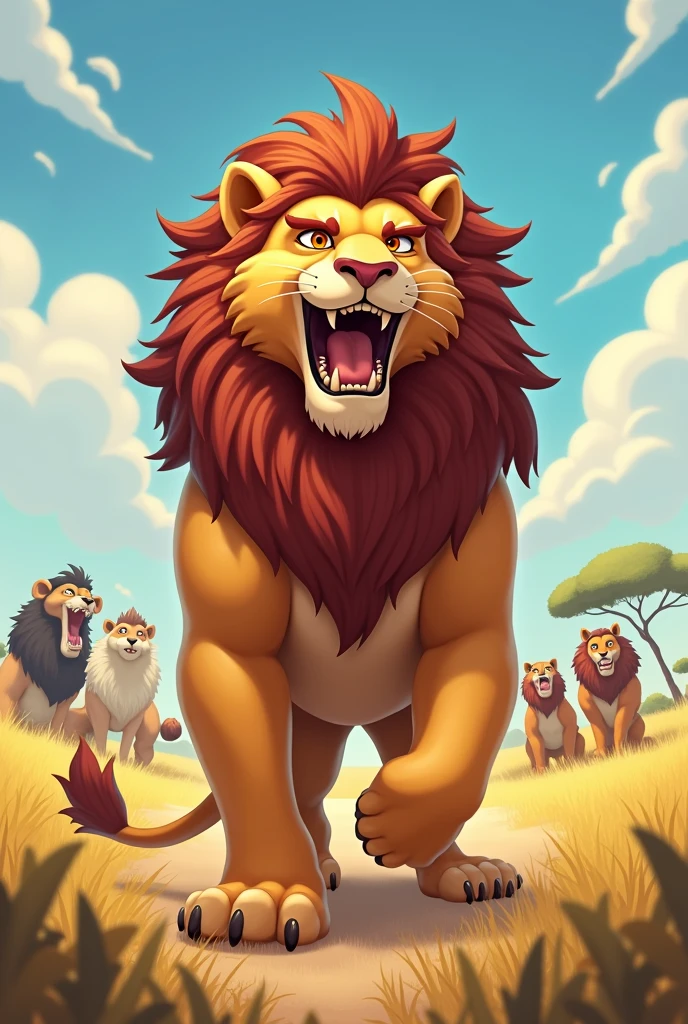 Detailed picture of a confident man anthro, (Lion, powerful body) standing proudly on the middle of the savanna, roaring with his mouth wide open. trending on Art Station, Ross Tran, ruan jia, foxovh, ((determined expression, the other animals are clapping and cheering in the background, cartoon