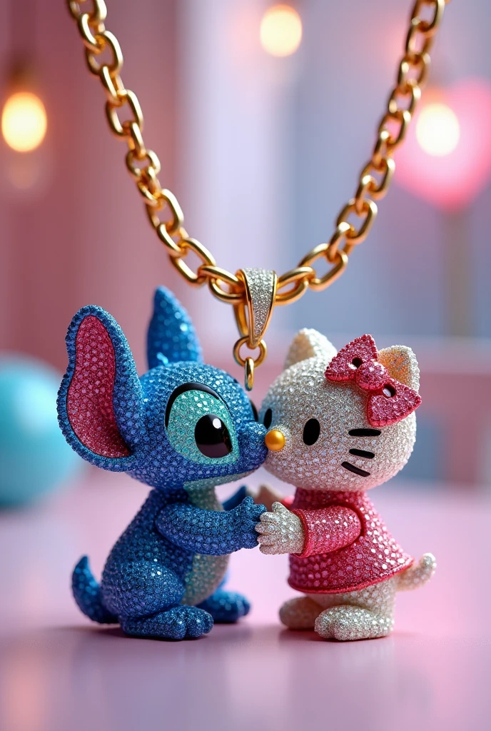 A Cuban chain necklace with a pendant featuring Stitch and Hello Kitty kissing made of diamonds facing forward.
