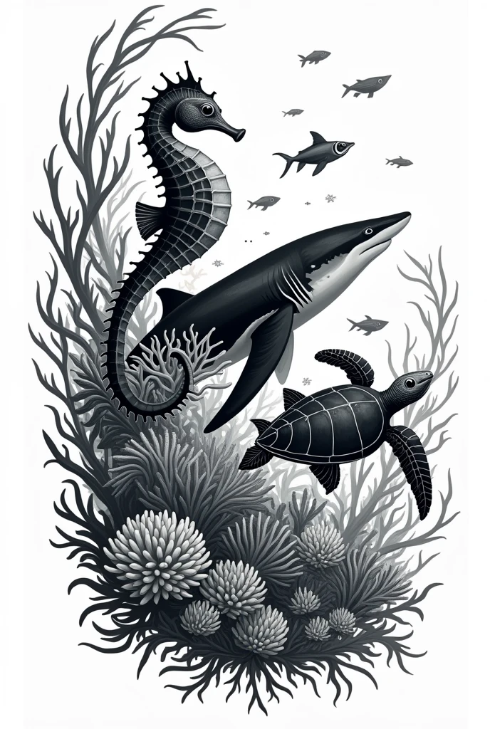 Black and white marine biology logo with different animals with the text 4th week of marine biology
