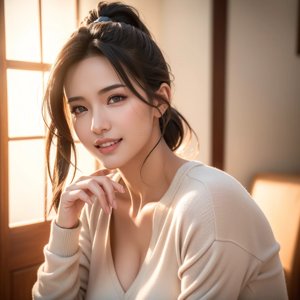 a gorgeous busty woman, ponytail, daily outfit, casual outfit, beautiful detailed smile, beautiful detailed teeth, POV, lover, cinematic dramatic lighting, (best quality,4k,8k,highres,masterpiece:1.2),ultra-detailed,(realistic,photorealistic,photo-realistic:1.37),HDR,UHD,studio lighting,ultra-fine painting,sharp focus,physically-based rendering,extreme detail description,professional,vivid colors,bokeh,portrait,photorealistic,cinematic