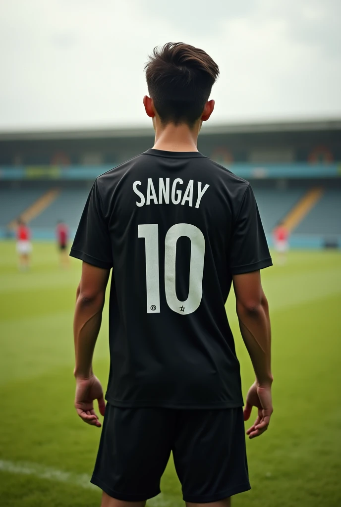   Footballer with name SANGAY and also with jersey 10 from back view with black shirt in ground with white color in Jersey and name
