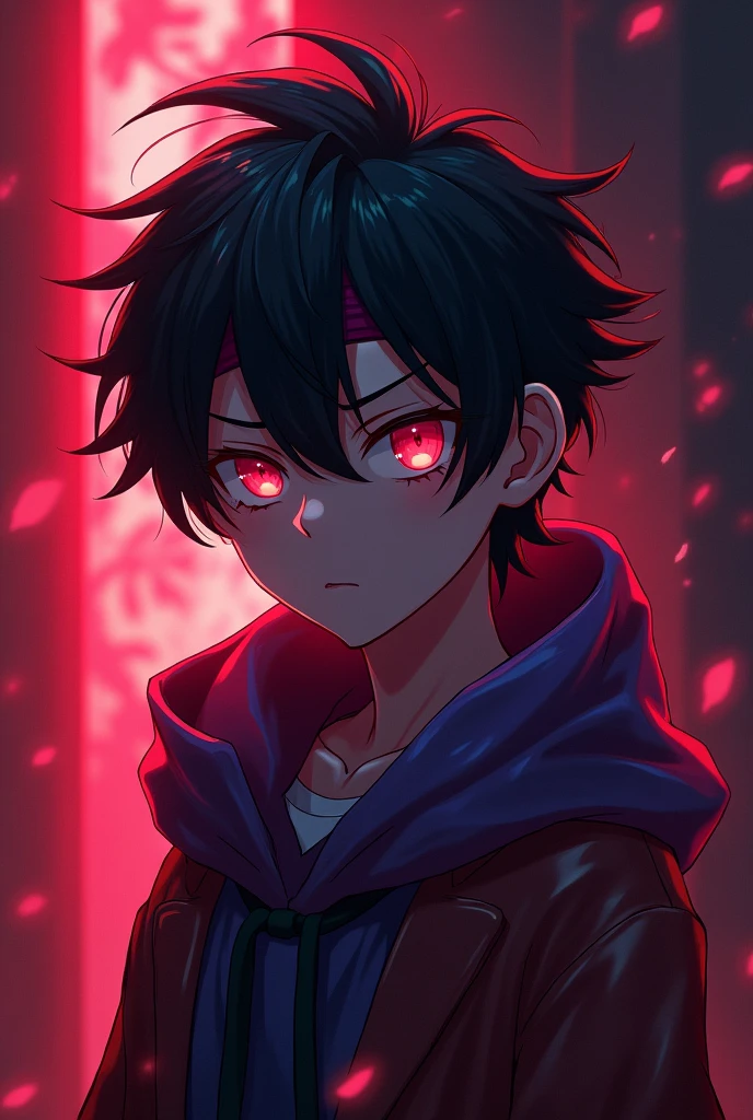 a young anime boy with purple headband, deadly aura, hyperrealistic, detailed face, beautiful eyes, striking expression, dark clothing, mysterious background, cinematic lighting, dramatic shadows, digital painting, concept art style, vibrant colors, moody atmosphere, fantasy theme. age must be like 25 and there must be a minecraft diamond axe in the back also make the background theme red