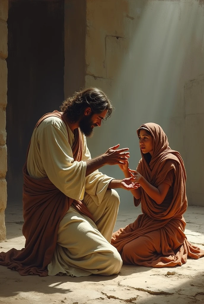 Canaanite woman kneeling before Jesus
