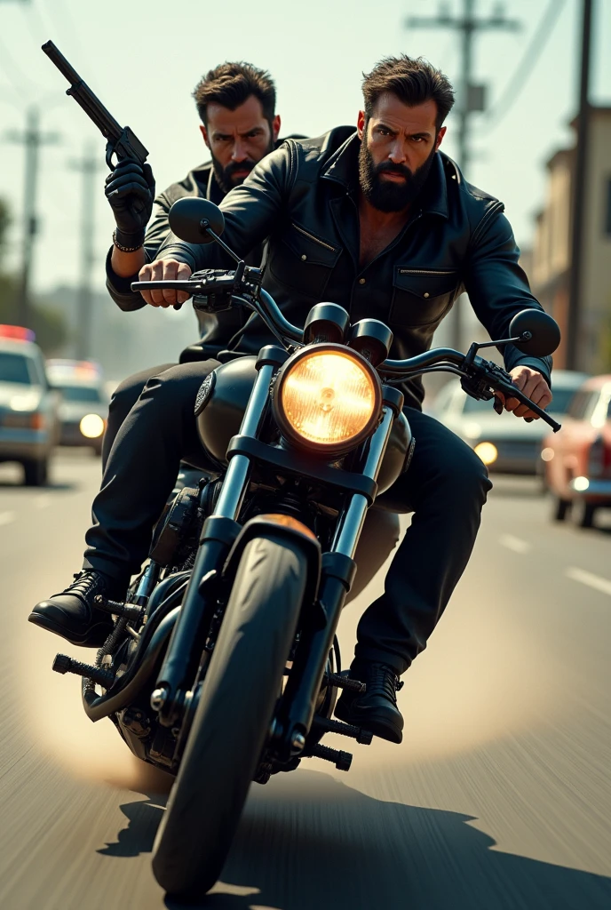 In America two male with dark hair and beard look like same  in one incredible black bike chasing cars with one having Gun side view