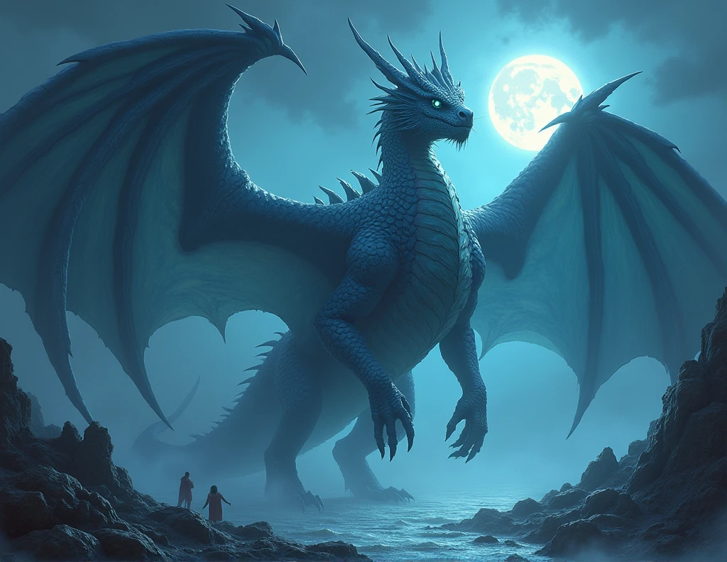 Designed by Ognjen Sporin, Ben Erdt oil painting, divine proportion, incredible angle view of a massive scale Vhagar the Queen of All Dragons, bioluminescence, ethereal, cold pressed 600g m² cotton paper, dynamic, highly detailed, artstation, concept art, sharp focus, illustration, art by Darek Zabrocki, detailed misty background, 60-30-10 color rule, cold dark tones, rays of moonlight, trending on artstation, sharp focus, studio photo, intricate details, highly detailed, by Raphael Lacoste, Mysterious