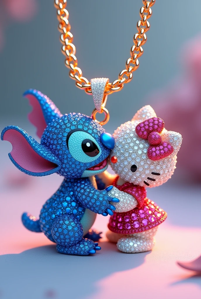 A Cuban chain necklace with a pendant featuring Stitch and Hello Kitty kissing made of diamonds facing forward.