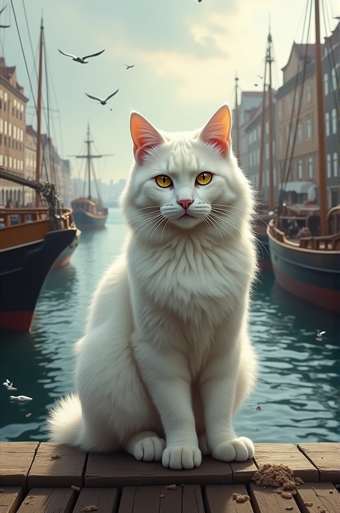 Russian white cat in port