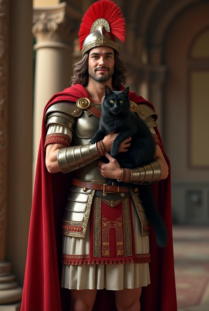 hold cat , hold Black cat, Front view ,  looking at viewer, sole, Titus, Empire of Roman, standing pose,  stand in an ancient Roman palace, 30 years-old, handsome,( wave perm , brown hair , smile , Roman metal helmet , red chicken's crest design), normal body,  (An ancient Roman emperor  traditional imperial White wear), (Full body armor is  leather and emboss of  Apron face ), shoulder and arm protector  , (Red crock), battle sandal, noon　,(Textured skin , HI Detail Skin, (Shorthand, Canon, 8k, Anatomically correct, Super Detail, Attention to detail, Your Highness)