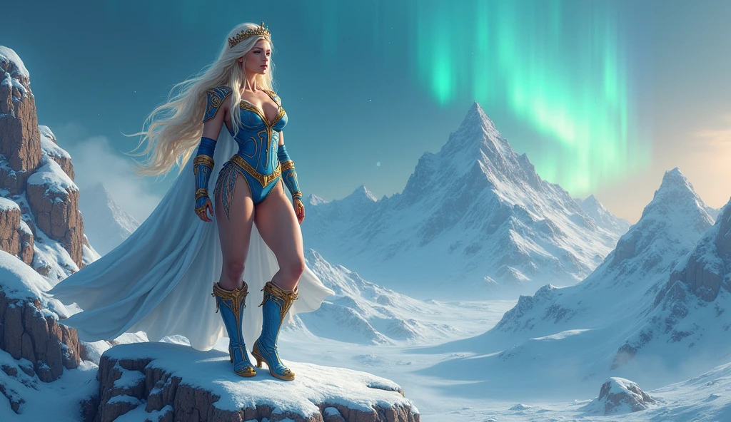 BOMBSHELL BLONDE WOMAN, WARRIOR FEMALE, VERY PALE SKIN, LIGHT BLUE EYES, HIGH CHEEKBONES, ROSY CHEEKS, MENTAL FORAMEN, GOLD TIARA, HUGE LONG HAIR, DOUBLE BRAID HAIR, VOLUMOUS HAIR, BLUE AND GOLD LEOTARD ARMOUR, BLUE AND GOLD ARMOUR, GOLD GAUNTLETS, STRONG CURVY BODY, MUSCLES, GORGEOUS EXPOSED THIGHS, DETAILED QUADRICEPS, MUSCLES, GOLD FLAT BOOTS, STAND UP ON A STONE, SIDE BODY VIEW, NORTHERN LIGHTS, NORTH POLE, SNOW, HIGH MOUNTAINS, NIGHT SKY, ACCURATE IMAGE, MASTERPIECE.