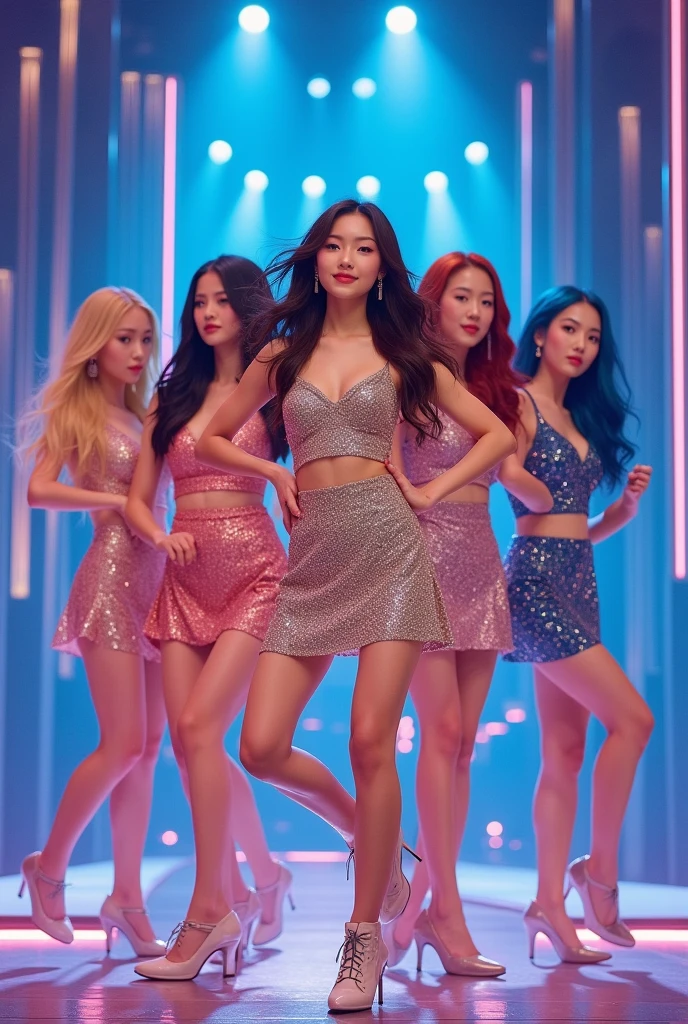 Female kpop group with a blonde, a redhead, one with black hair, one with brown hair, one with blue hair, with shiny dresses