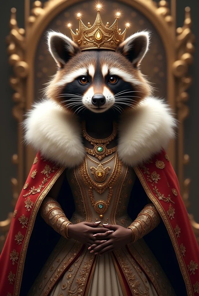 Raccoon queen with her crown and queen dress