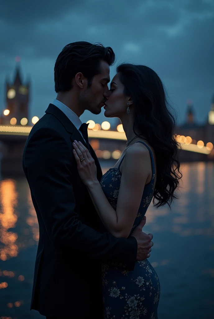 a pale woman with blue eyes and raven hair with a handsome man with a fit body with raven hair and dark blue eyes kissing near the river thames at night. The aesthetic is from the sixties 