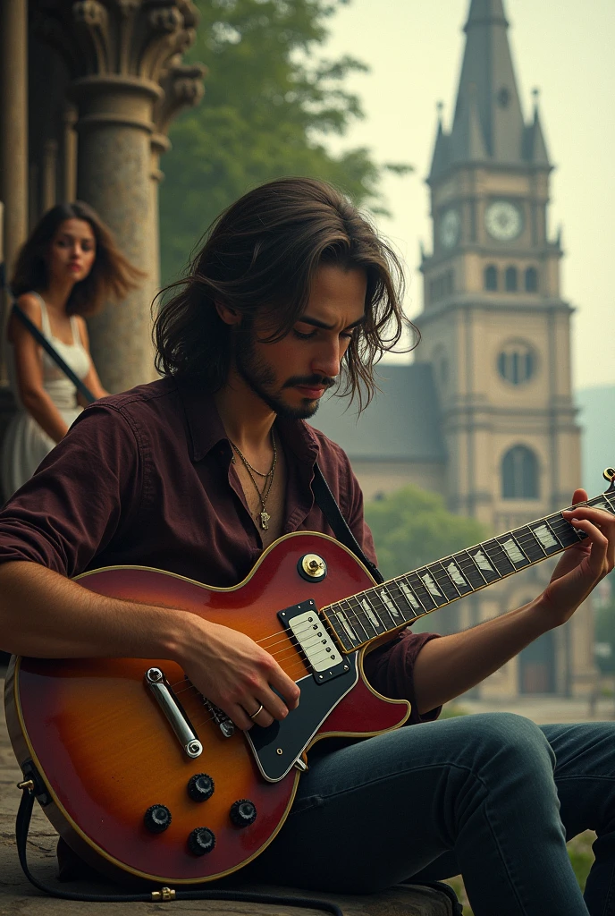 I want a young man with long hair, sem beard, with a Gibson Les Paul electric guitar sitting and behind him a church with a beautiful young woman with a guitar