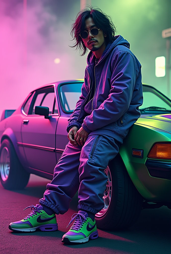 A psychedelic artwork with purple and green details of a man with a slightly large nose and long black hair that doesn&#39;t go past his shoulders., with sunglasses, the hair is a bit messy, wearing purple and green baggy clothes and purple and green sneakers smoking cigarette next to a purple and green drift car in Japan 
