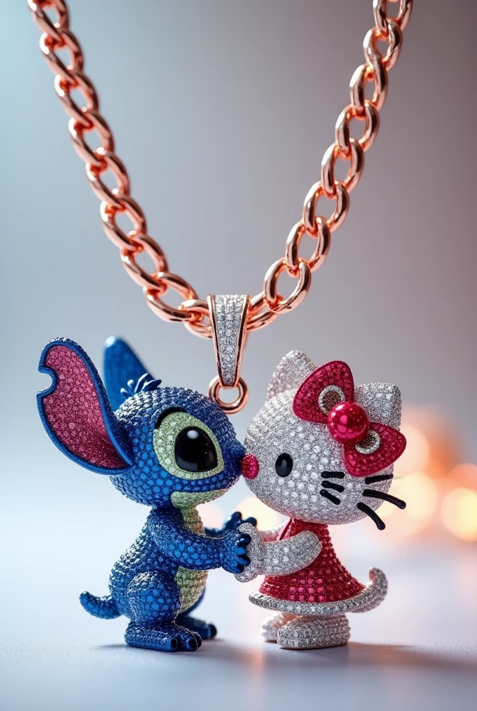A Cuban chain necklace with a pendant featuring Stitch and Hello Kitty kissing made of diamonds facing forward.
