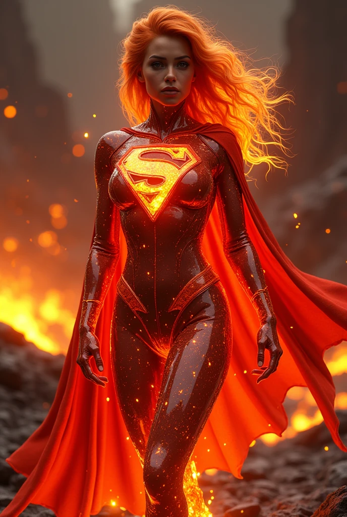 AN INCREDIBLY SEXY, CUTE AND SHY FUTURISTIC LAVA COVERED FEMALE WEARING A SYNTHETIC LIQUID LAVA SUPERGIRL COSTUME AND CAPE. ABSURD 8K DETIALS AND TEXTURES. MASTERPIECE. LAVA SKIN, LAVA FACE, LAVA HAIR.