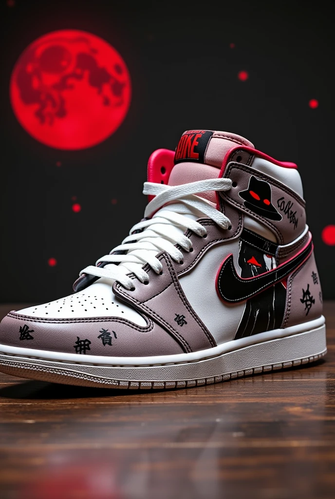 A white Air Jordan 1 Mid sneaker with a custom design inspired by Muzan Kibutsuji from 'Demon Slayer'. The design should feature stylized illustrations of Muzan in his iconic black and white outfit, along with elements like his fedora, Red eyes, and the night sky was filled with blood moons. Use a color palette dominated by black, white, and deep red to create a dark and menacing aesthetic.. Integrate Muzan&#39;s powerful and mysterious presence seamlessly into the sneaker&#39;s panels., covering the sides, language, and back, while maintaining a sleek, cohesive look that reflects its fearsome character...
