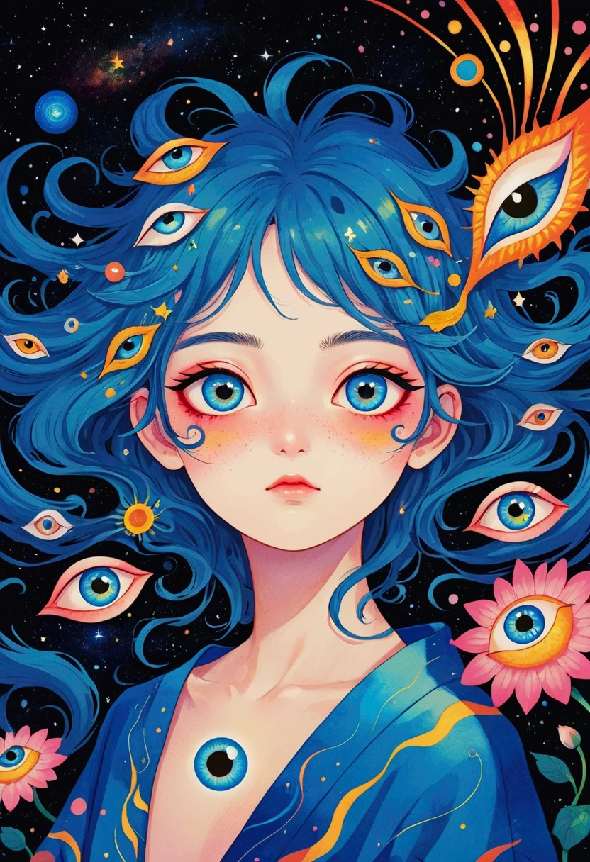 这幅画描绘了一个男人站在一颗五彩缤纷的Eye前, Murakami Chemical Illustrations, pixiv, Concept Art, Fantasy psychedelic anime, Color illustrations, Psychedelic illustration, Look into my eyes, Blurred dreamy illustration, humEyes, Blurred dream picture, Eye, 没有Eye, 睁大你的Eye, Eye of the Universe