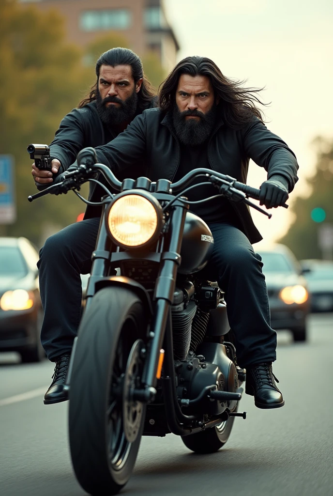 In America two male with dark hair and beard look like same in one incredible black bike chasing cars with one having Gun side view