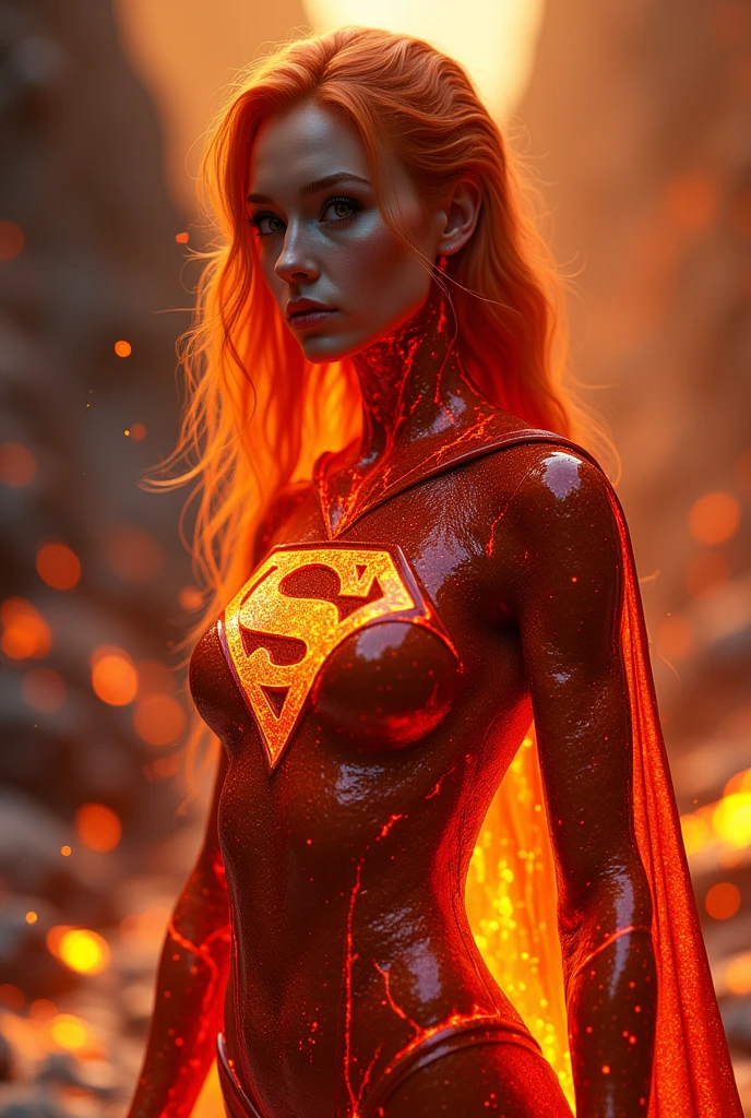 AN INCREDIBLY SEXY, CUTE AND SHY FUTURISTIC LAVA COVERED FEMALE WEARING A SYNTHETIC LIQUID LAVA SUPERGIRL COSTUME AND CAPE. ABSURD 8K DETIALS AND TEXTURES. MASTERPIECE. LAVA SKIN, LAVA FACE, LAVA HAIR.