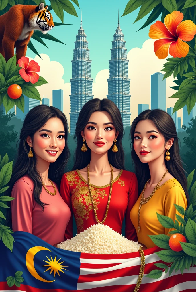 Generate three different panel of three woman. First panel is a chinese woman with short hair wearing an intricate cheongsam in red, second panel is a malay woman wearing black hijab and a green baju kurung, the third panel is an indian girl with her skin a little dark with long hair dressed up wearing a yellow saree.A malaysia flag as the background with 7 stripes of red, 7 stripes of white,a crescent moon and 13 vertex stars in yellow with blue background.deco with hibiscus,very detailed, surrealism. 