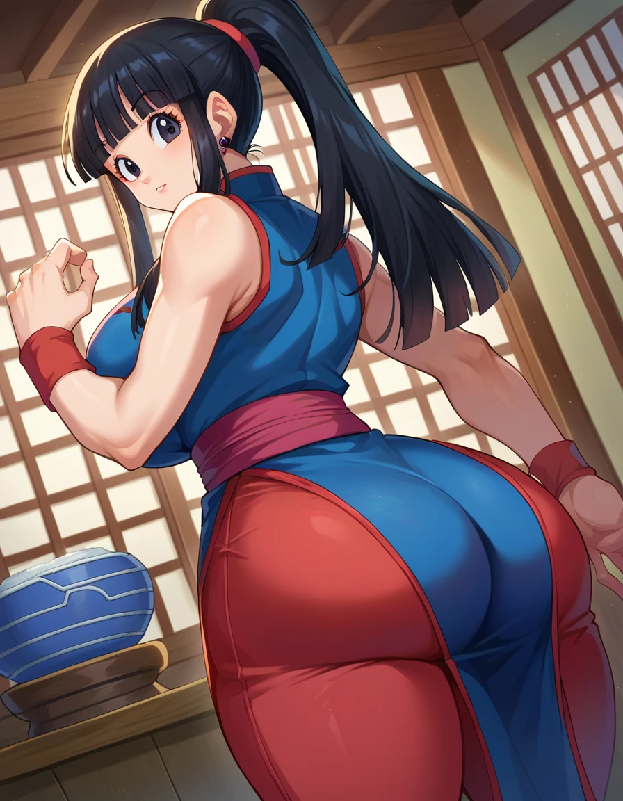 score_9, score_8_up, score_7_up, source_anime, dragonballchichi, chi chi, black eyes, black hair, long hair, hime cut, blunt bangs, sidelocks, bare arms, blue dress, china dress, chinese clothes, dress, high collar, obi, pants, ponytail, red pants, red sash, red wristband, sash, side slit, sleeveless, sleeveless dress, wristband, indoors, dojo, looking at viewer, dutch angle, cowboy shot, huge ass, huge thighs, huge breasts, body with huge hips, butt focus, clevage,