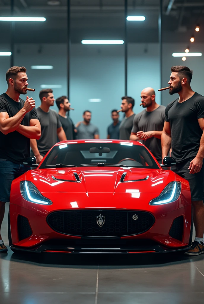 A red sport car with Muscular Men With Cigar on Left hand standing near Microsoft office