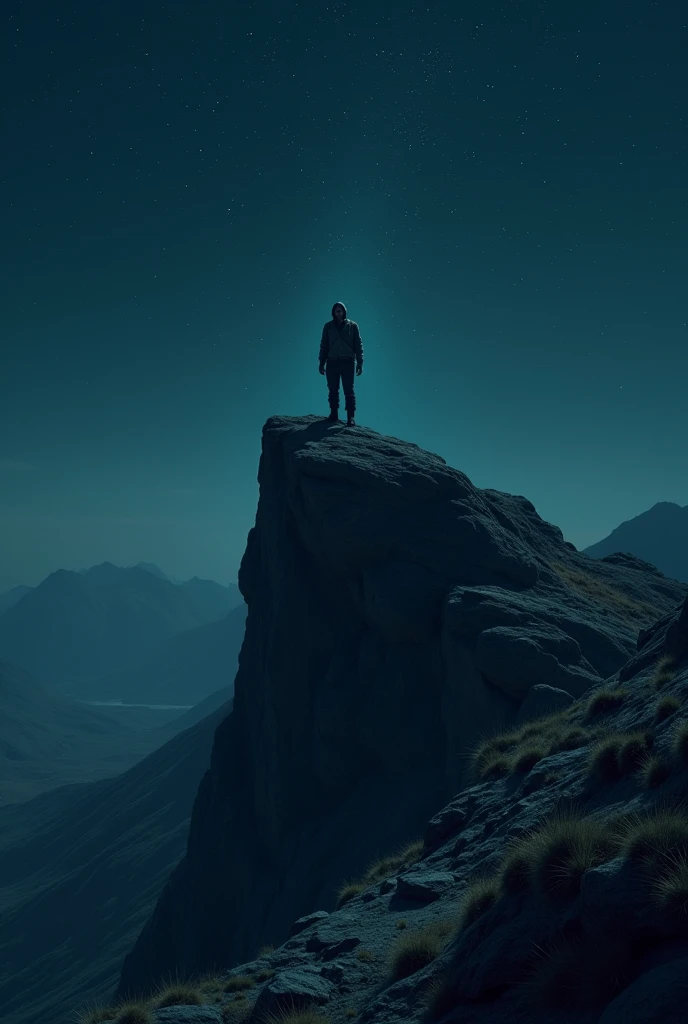 a traveller standing on a rock at night