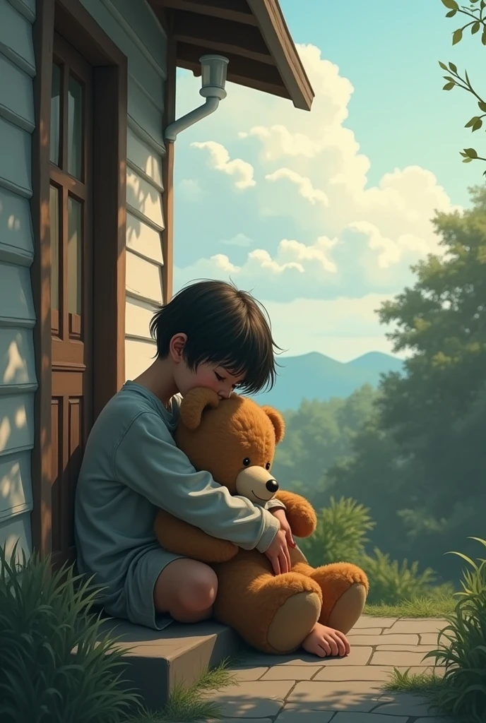 In a house, there is a sitting outside hugging a teddy bear.
