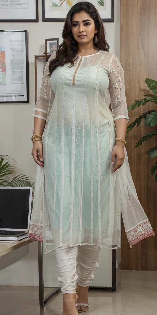 Day scene, A radiant, full-figured South Indian 3 aunty a off white colour chiffon fully transparent kurta, bra visible through kurta, ,standing, in a office captured in a full-body image with vibrant hues and meticulous details. Full body image