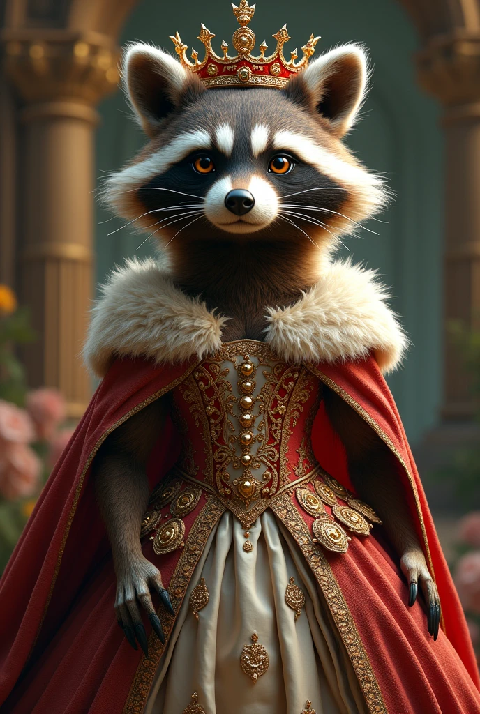 Raccoon queen with her crown and full body queen dress