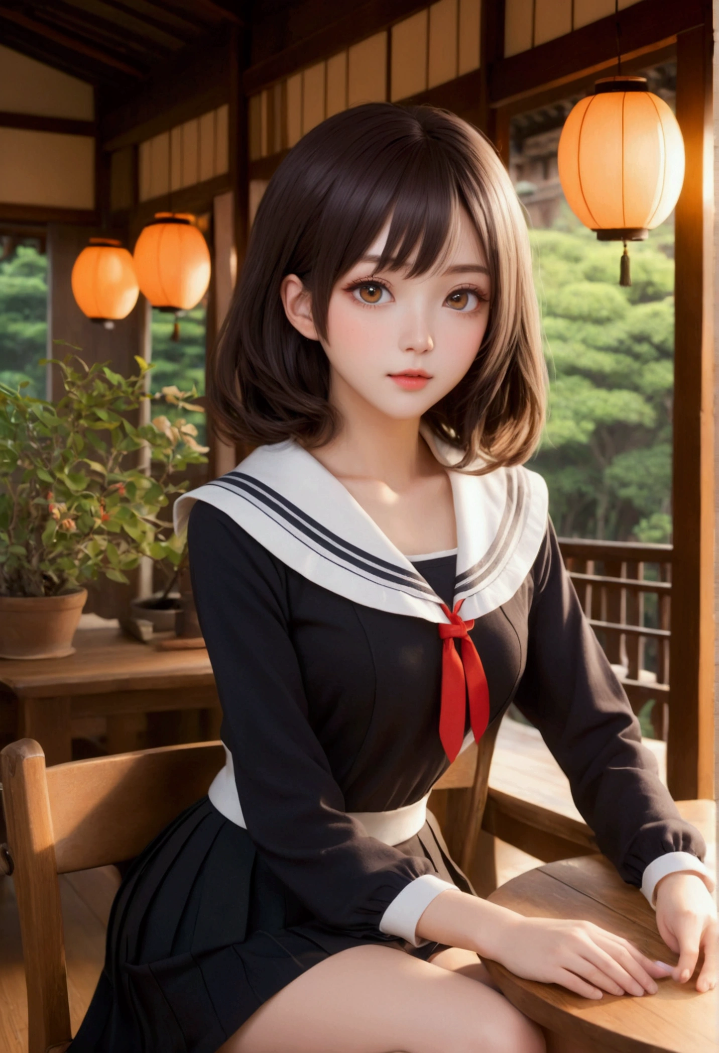 8k, masterpiece, highest quality, ultra high resolution, highest resolution, very detailed, professional lighting, orange light lighting、Backlight、Detailed CG、Low angle from the front、full body shot、Beautiful woman、beautiful eyes、(detailed face and iace:1 2)、narrow eyes、almond eye、brown eyes、gradation eye、highlight:1.2)、(beautiful black hair、long hair、asymmetrical bangs、(plump lips) 、(oval face : 1.4)、(thin fingered arms、detailed human hand)、(table top, highest quality:1.2), nostalgic、wooden warehouse、Scenery with Japanese wooden houses、sitting in veranda、ancient folk house、pine tree、plant、beautiful japanese garden、beautiful red sunset、vapour、crap、white breath、full body pose、A girl who blends into the scenery、sitting in a chair、Beautiful woman, small face、white skin、very cute, 、(fine eyes、bright eyes、Gradient eyes:1、Beautiful eyes drawn in detail:1、symmetrical eyes:1、Big eye highlight:1.2)、thin hair、brown eyes)、Breasts are medium in size、(black brown hair、very short hair:1.4)、(black sailor suit、serafuku:1.4)、thin and long legs、beautiful hip line、beautiful spine、constricted back、tight waist、JK black skirt 、pleated skirt、Hip line emphasis、black socks、black stockings、brown eyes,face is a little red, beautiful breasts、Breasts are A cup、Shoes are loafers、Split ends of long hair) 、(round face: 1.4)、gentle smile、open your mouth、teeth visible、black knee high socks、open legs, tight panties