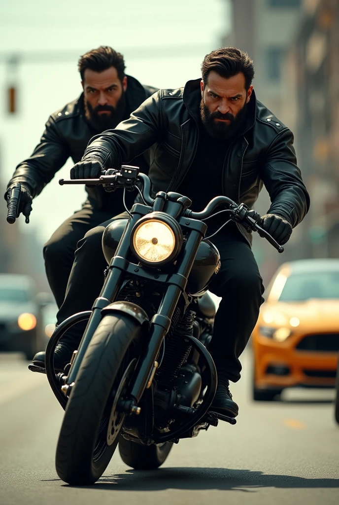 In America two male with dark hair and beard look like same  in one incredible black bike chasing cars with one having Gun side view