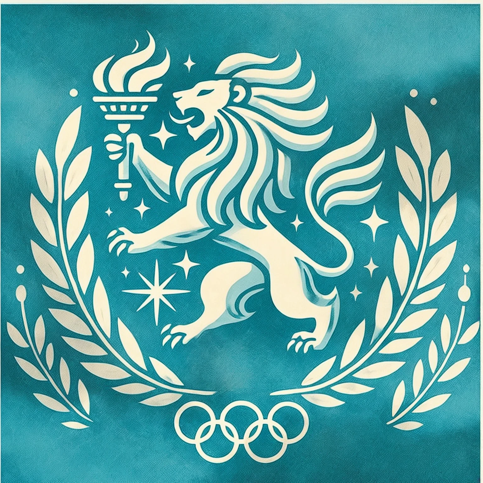 a close up of a blue and white olympic emblem with a lion, olympian god, olympics, photo from the olympic games, greece, 1960's olympics, argentina, created in adobe illustrator, jen bartel, 2024, 2 0 2 4, official print, stencil art, leonid, air brush illustration, olympics ceremony, 2023