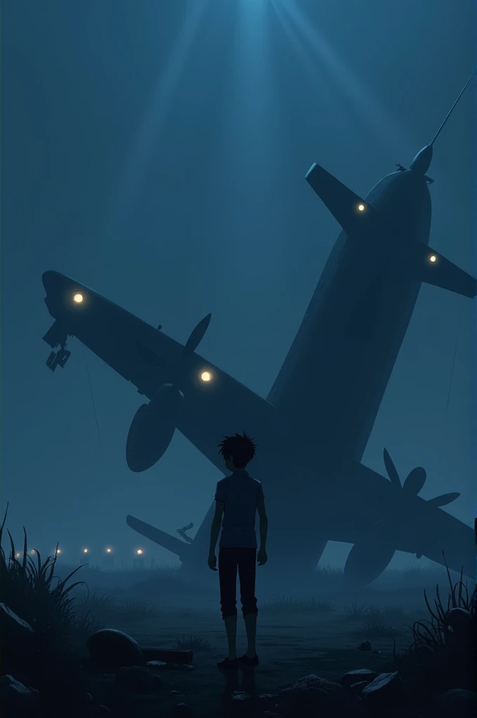 A blue ,dark sky , a plain air craft is crashed, a anime character guy stand, fog light