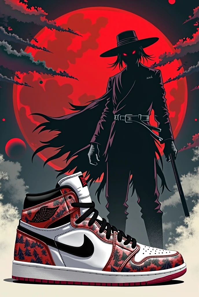 A white Air Jordan 1 Mid sneaker with a custom design inspired by Muzan Kibutsuji from 'Demon Slayer'. The design should feature stylized illustrations of Muzan in his iconic black and white outfit, along with elements like his fedora, Red eyes, and the night sky was filled with blood moons. Use a color palette dominated by black, white, and deep red to create a dark and menacing aesthetic.. Integrate Muzan's powerful and mysterious presence seamlessly into the sneaker's panels., covering the sides, language, and back, while maintaining a sleek, cohesive look that reflects its fearsome character...