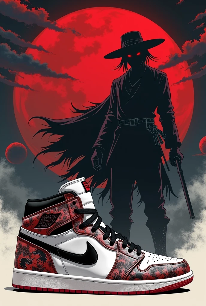 A white Air Jordan 1 Mid sneaker with a custom design inspired by Muzan Kibutsuji from 'Demon Slayer'. The design should feature stylized illustrations of Muzan in his iconic black and white outfit, along with elements like his fedora, Red eyes, and the night sky was filled with blood moons. Use a color palette dominated by black, white, and deep red to create a dark and menacing aesthetic.. Integrate Muzan's powerful and mysterious presence seamlessly into the sneaker's panels., covering the sides, language, and back, while maintaining a sleek, cohesive look that reflects its fearsome character...