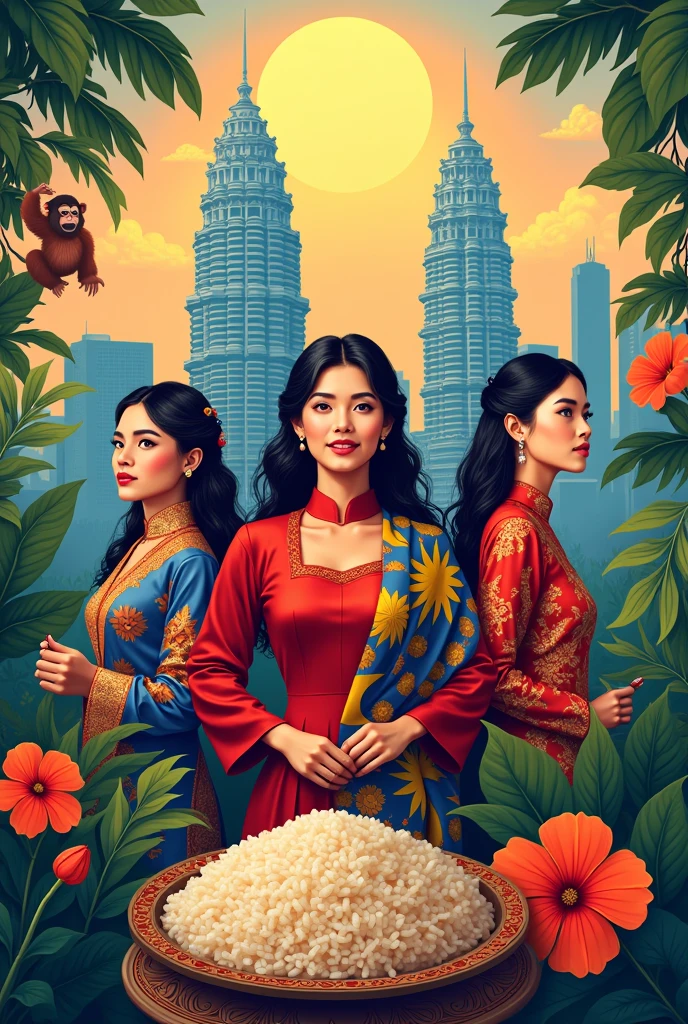Malaysian independence poster in KLCC,rambutan fruit, Malaysian fruit,tiger,orangutan,rafflesian flower,Hibiscus,women wear baju kurung,women wear cheogsam and women wear traditional Indian clothes, Malaysian flag,fatty rice,Malaysia is as beautiful and unique