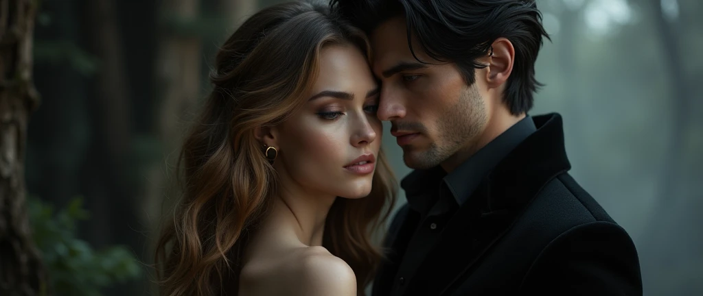 dark romance couple, black hair man, blonde hair woman, well dressed, good posture, good body mass, fantasy art, black theme, masterpiece, extreme detail, cinematic lighting, 4k