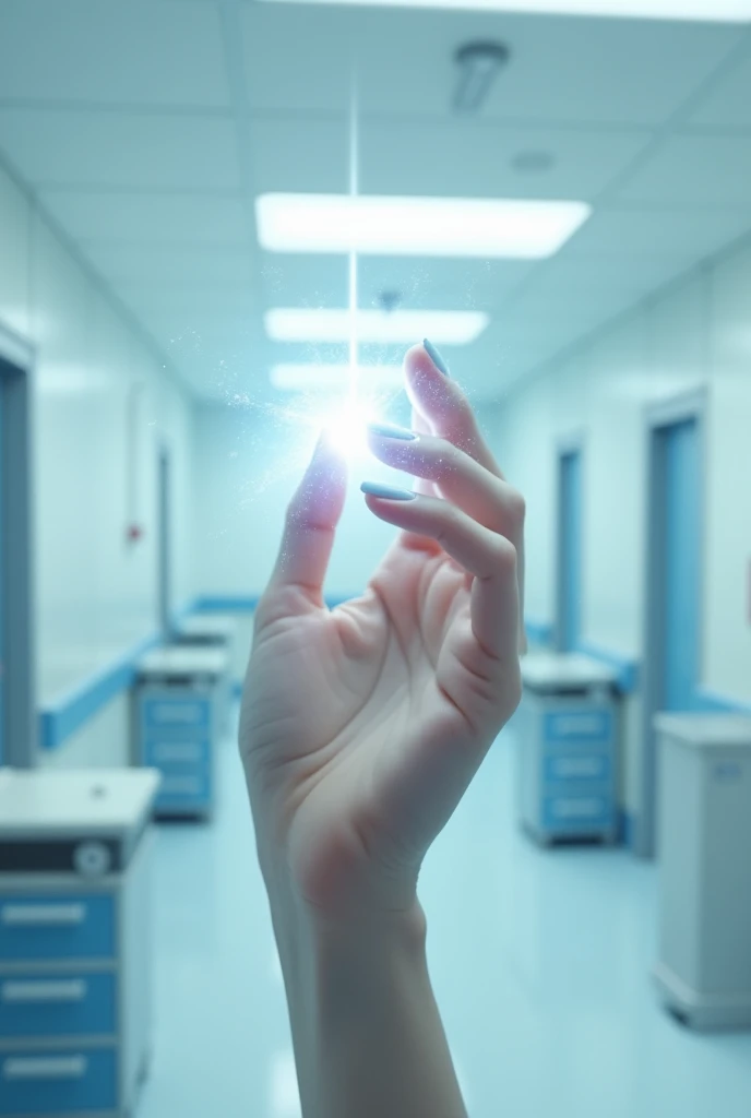 My hand channeled in a hospital with white nails with blue pretending