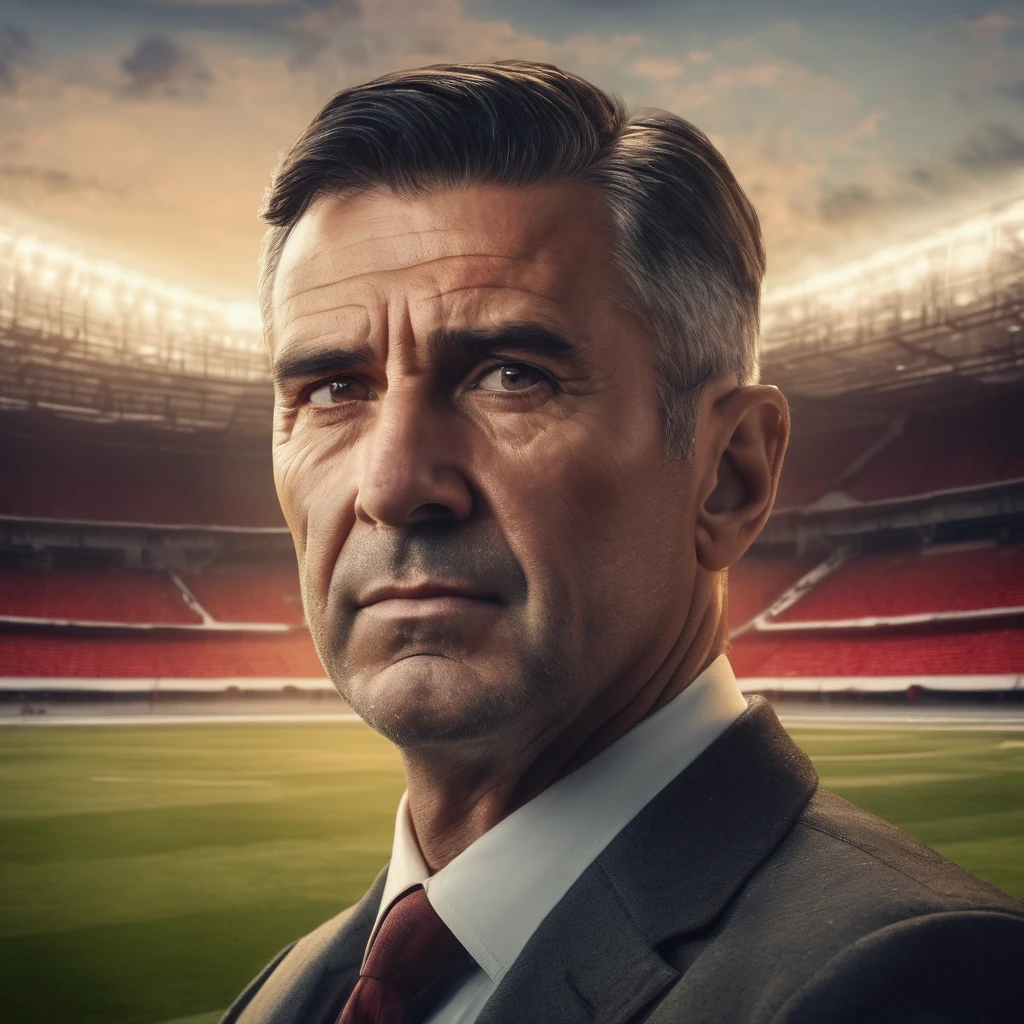 a headshot portrait of a 40s spanish caucasian soccer coach, front view, wearing a neat suit, with short dark hair and a shaved face, focused on a soccer field, dramatic lighting, highly detailed, photorealistic, cinematic