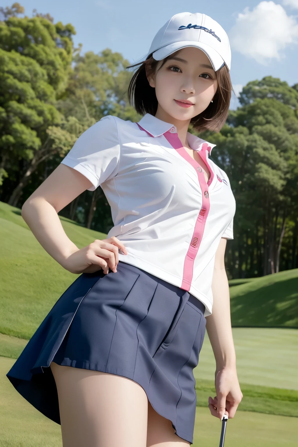 You are a professional photographer,BREAK,A healing presence、(4K,8k,Masterpiece,Realistic)、Super Resolution:1.3、Real、 RAW Photos、(Realistic:1.2)、(from side),(from below:1.5),(Japanese women)、Japanese Idol、(Beautiful face in every detail)、ld、A gentle gaze、Natural Makeup、short hair、Cleavage、Sexy golf wear、mini skirt、Wear a sun visor、smile、Golf course、Turf、Outdoor