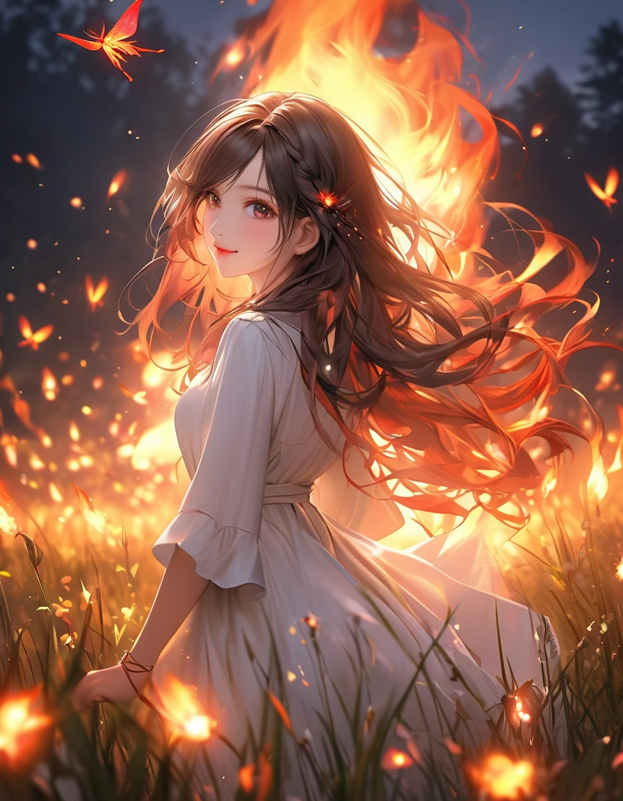 masterpiece:1.2,Highest quality, High resolution, 16K, Ultra-realistic:1.37, Beautiful details, beautiful girl, Stand in a beautiful pose, Smiling Kindly, flowing hair, Night Grassland, fire Fly in hands, fire Fly on hair, Many fire Fly fly around:1.3, 激しく舞うfire Fly:1.3, Countless fire Fly:1.3, Trails of many fire Fly:1.3, Beautiful delicate(hair,face,eye,student,White Dress,anklet,knees,fire Fly), sparkling eye, Glowing Lips, Back view