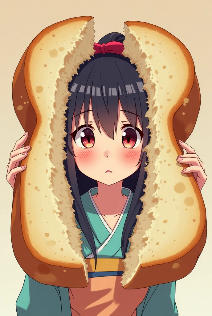 Japanese anime style,woman,It is sandwiched between bread,Sandwich state,Japanese Style,アニメのwoman,I'm in a lot of trouble