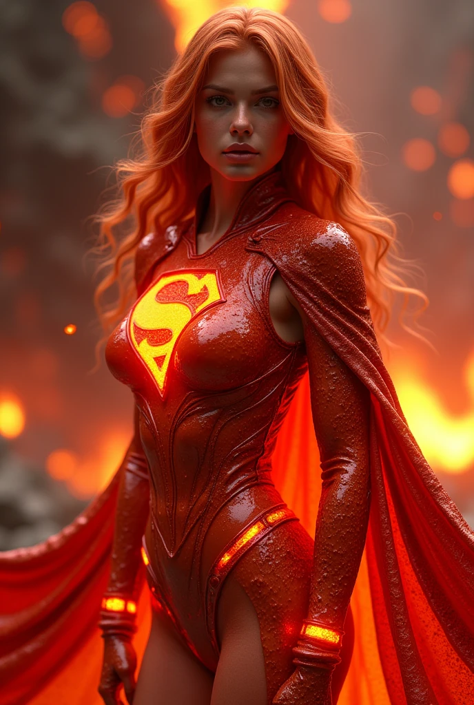 3D ANIMATED. AN INCREDIBLY SEXY, CUTE AND SHY FUTURISTIC LAVA COVERED FEMALE WEARING A SYNTHETIC LIQUID LAVA SUPERGIRL COSTUME AND CAPE. ABSURD 8K DETIALS AND TEXTURES. MASTERPIECE. LAVA SKIN, LAVA FACE, LAVA HAIR.
