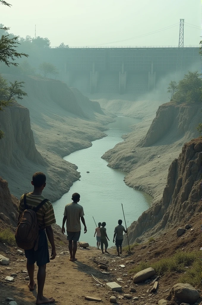 A depiction of environmental impact due to the Farakka Dam, such as altered river ecosystems, fish populations, and riverbank erosion.