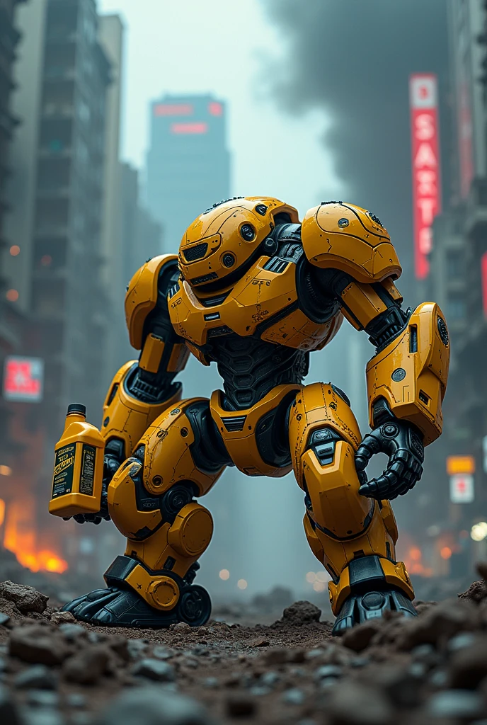 yellow black muscular mecha golem. fire sparkle.destroyed body. black smoke cloudy.overflow around body. bowed. holding a branded bottle of engine oil. bottle with oil written on it.sitting in the ruins. destroyed city as background. uhdr. uhq.High quality, masterpiece, shape, (Realistic, photo-Realistic:1.37), wonderful, In detail, Unbelievably absurd, Very detailed, High resolution, Very detailed CG Unity 8k , Very detailed目と顔, Ray Tracing, The cyborg girl is pure.,She is wearing a mecha armor jacket..。.., Exposing most of her flawless skin. Added armor details to shoulders and head.、wonderfulハイライトがいくつかあります, Tech Panels and Mechanisms. She stands against a futuristic cityscape lit up with vibrant neon lights......、Standing full of energy。.