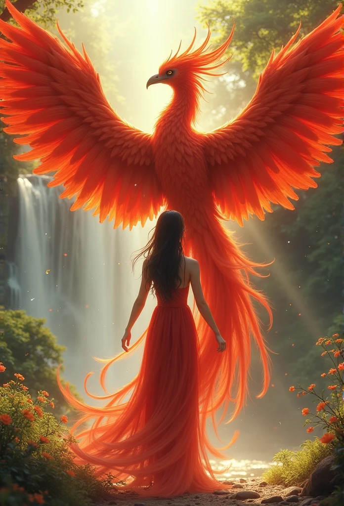 a beautiful girl controlling a mythical red and golden phoenix in a mystical natural setting, epic fantasy anime, fusion of human and legendary phoenix, highly detailed digital animation art, sharp outlines, 16k resolution, magical space and time, dynamic angles, photorealistic, masterpiece, (best quality, 8k, highres, HDR, physically-based rendering, ultra-detailed, vivid colors, studio lighting)
