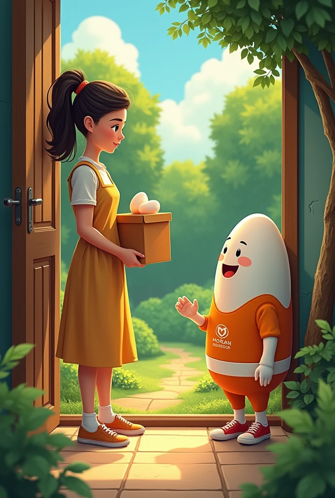 Young mother opens her door and leaves her house which is surrounded by many trees, to receive their eggs from the egg delivery man who is a little egg wearing the Morán distributor uniform.