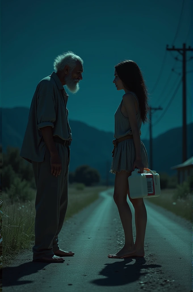 An admin is sitting at a roadside site at night, and a beautiful, tall girl carrying milk is passing by on the same path. The girl is very frightened, and the man, who looks like a drunkard, is staring at her with a lewd gaze. The background is completely empty and desolate. The man is elderly, thin, and dark-skinned, and the girl is very scared."